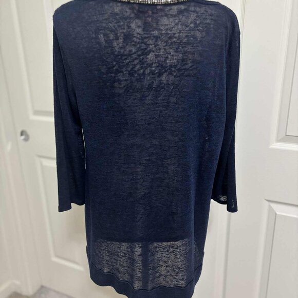 Women's Navy Blue Cold Shoulder QTR-Sleeve Knit Top with Gems around the V-Neck - Picture 5 of 7